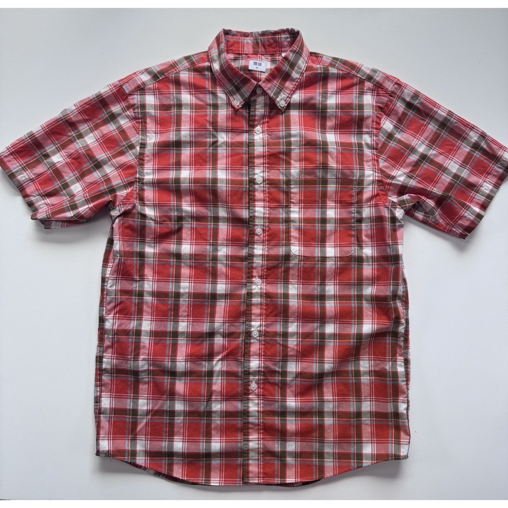 UNIQLO Plaid Short Sleeve Button Down Shirt RedOrange Mens XS Lightweight Cotton